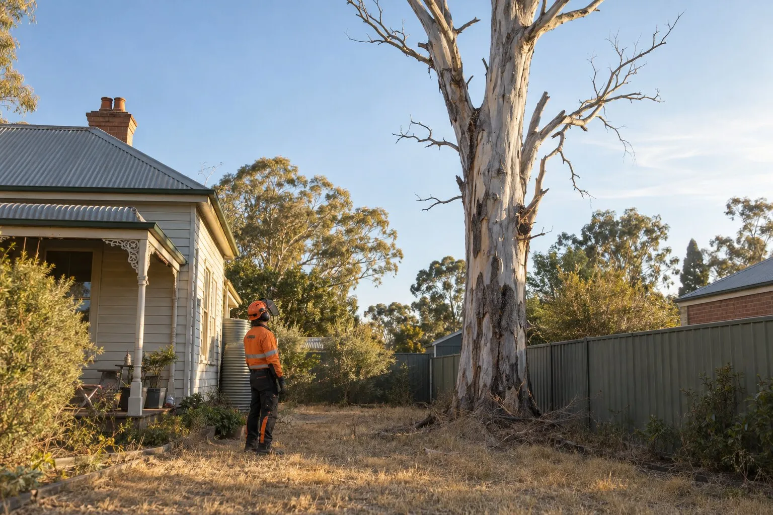 Dead tree removal, Bendigo: tall dead eucalyptus beside a weatherboard house, a tree worker looking up at it