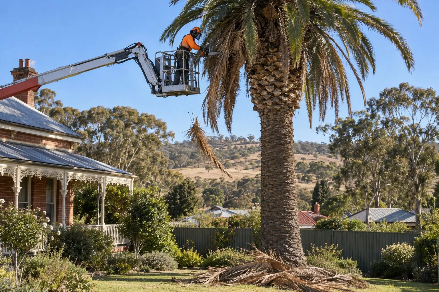 Tree services, Bendigo: arborist in an elevated work platform trimming a tall palm beside a Victorian-era house