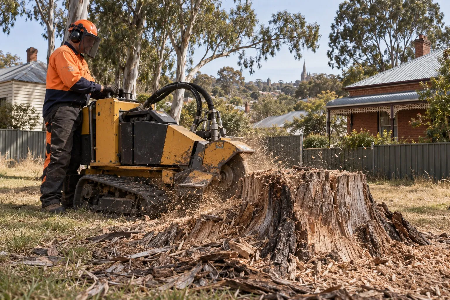 Stump grinding, Bendigo: tracked stump grinder cutting a large eucalyptus stump in a backyard lawn