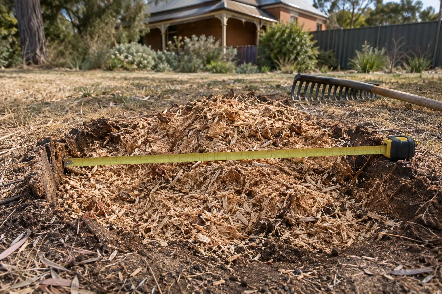 Stump grinding cost, Bendigo: freshly ground stump hole filled with wood grindings and a tape measure
