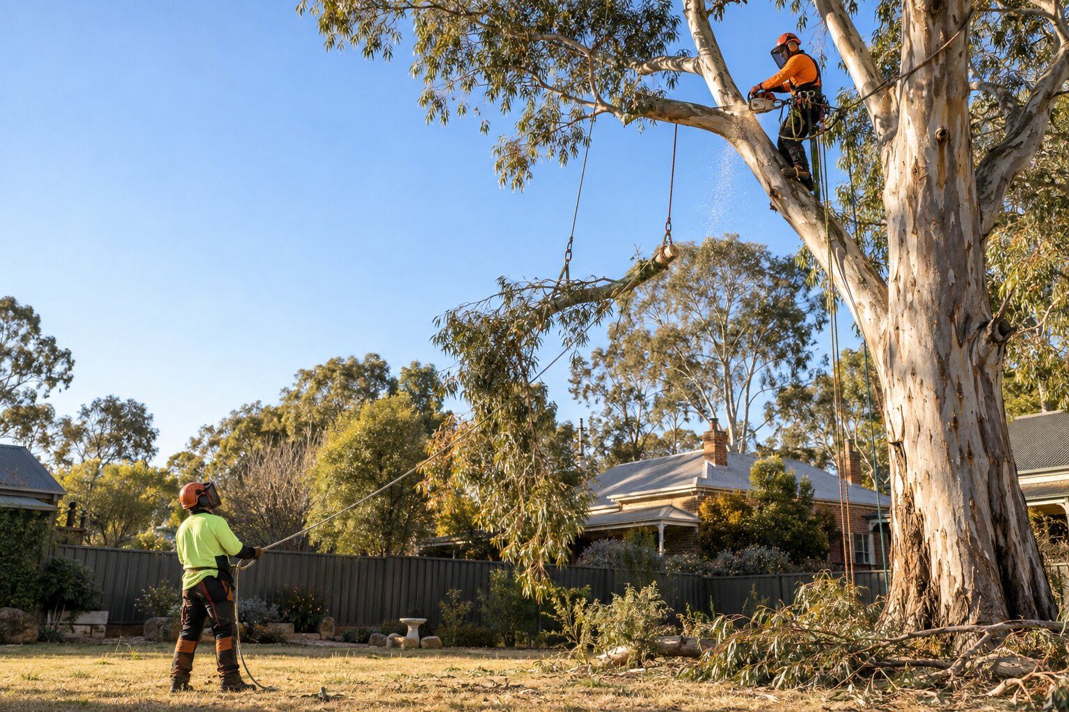 Tree removal, Bendigo: climber roped into a tall eucalyptus cutting a limb while a groundworker lowers it