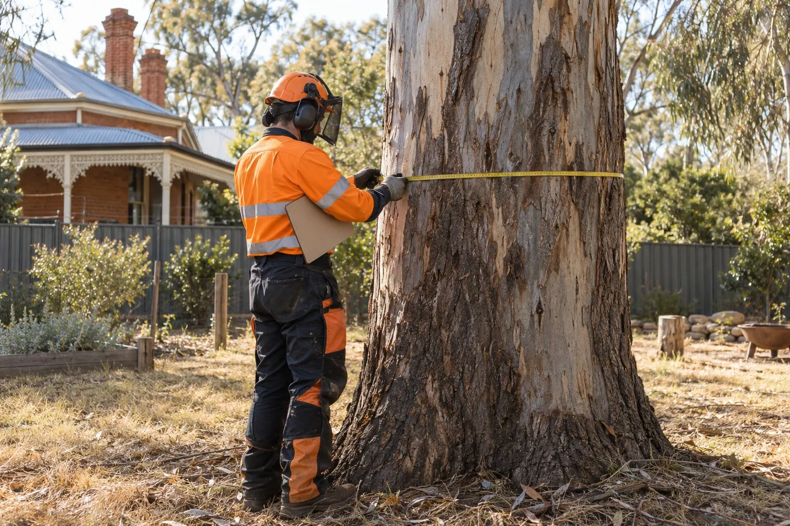 Tree removal cost, Bendigo: arborist measuring the trunk of a large eucalyptus with a diameter tape